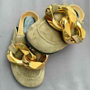 JW ANDERSON Olive Loafers with Gold Chain